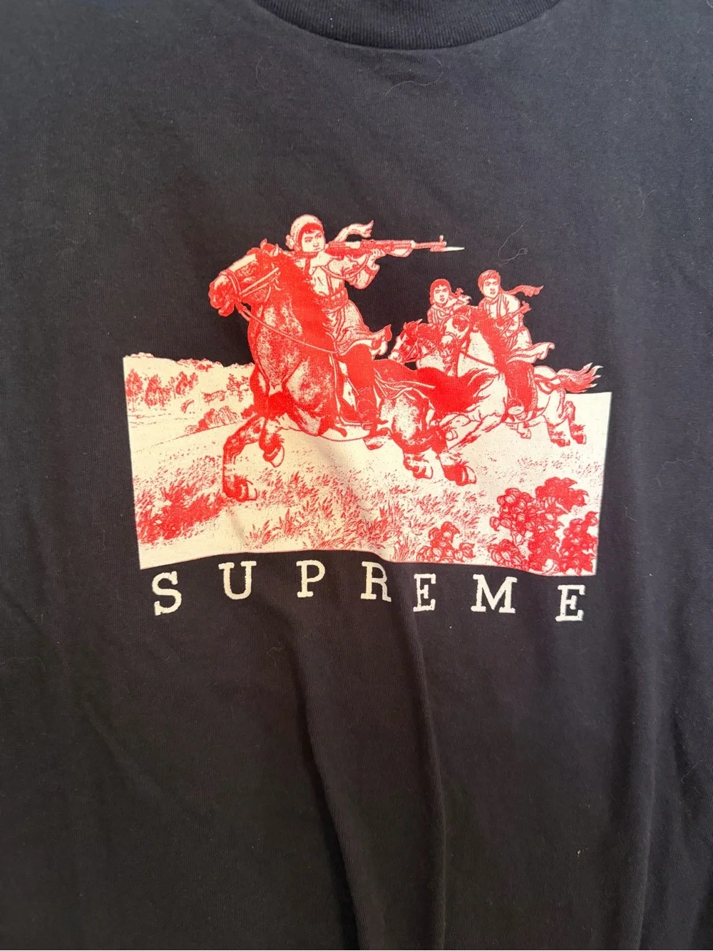 Supreme Black Tee with Red Graphic Cavalry Print